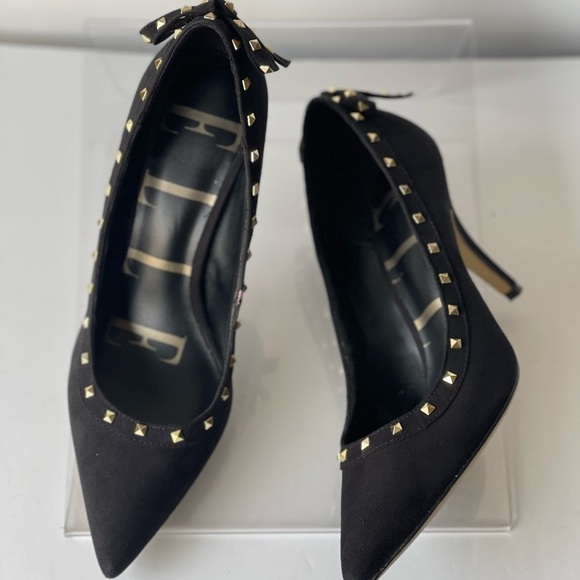 ELLE Women's Black Suede Pumps Heels Gold Studded Pointed Toe with Bow, Sz 8M - Picture 5 of 9
